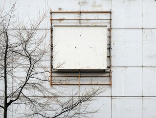 A stark architectural composition featuring a boarded-up window and bare tree branches against a textured wall.