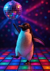 Penguin dancing under disco ball.