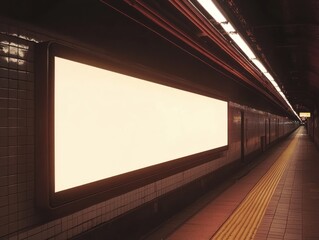 Illuminated blank billboard in a subway station, awaiting advertisement, with tiled walls and receding perspective.