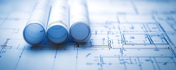 Architectural blueprints rolled up on a table