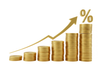 Gold coins stacked in ascending order with an arrow and percentage symbol isolated on transparent background