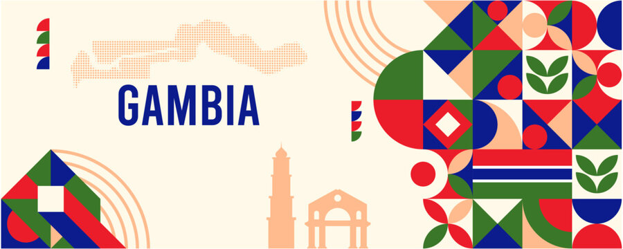 Colorful Geometric Gambia Banner with Cultural Symbols and Flag Elements - Powered by Adobe