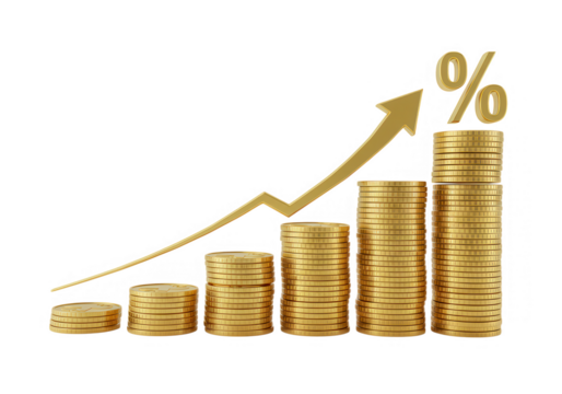 Gold coins stacked in ascending order with an arrow and percentage symbol isolated on transparent background