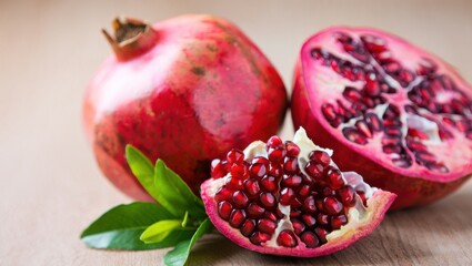 Whole and halved ripe pomegranate with fresh green leaves on a wooden surface