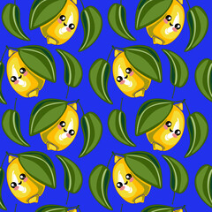 Seamless vector pattern with cute smiling lemons and green leaves on vibrant blue background. Playful Mediterranean-inspired design perfect for kids’ products, summer decor, and cheerful packaging.