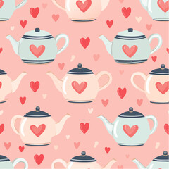 Charming Ceramic Teapot Pattern with Hearts on Pink Background, Stylish Retro Kitchen Decor, Seamless Vector Design for Wallpaper and Textiles.