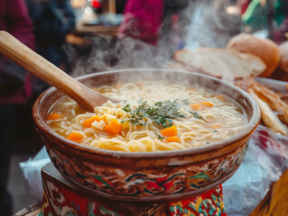 Traditional Rosół soup in painted bowl at outdoor food market