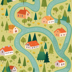 Seamless pattern of countryside village map with streets, roads, houses, river, mountains, forest and farm. Hand drawn rural town vector illustration. ...