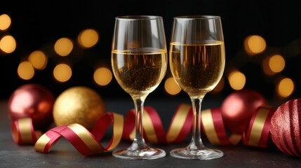 Two filled champagne glasses with festive Christmas decorations blurred in the warm background.
