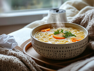 Rosół soup served in bed as cold remedy with cozy blankets