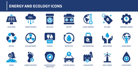 Energy ecology icons solid style with solar, battery, recycle, globe, leaf, factory, water, wind, fuel, eco, climate, and power symbol