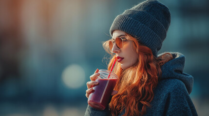 Woman drinking smoothie outdoors in cold weather