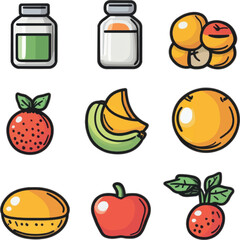 Vitamins and Fresh Fruits Collection: An artful array showcases health and wellness, combining vibrant, stylized illustrations of nutrient-rich vitamins with various single fresh fruits.