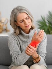 Senior woman with wrist pain sitting on sofa