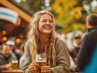 Smiling woman holding beer mug at outdoor festival