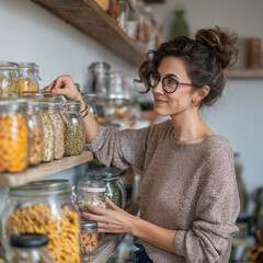 Woman choosing pasta from jars on pantry shelf