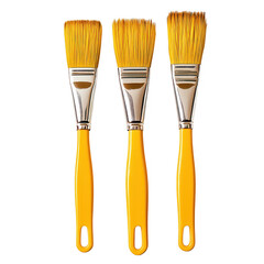 Three bright yellow handled paint brushes with silver ferrules and bristled tips isolated on transparent background