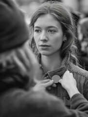 Woman receiving activist badge at protest event