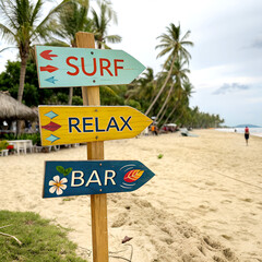 Colorful beach signpost with surf, relax, and bar directions on tropical sandy coast.