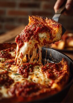 Deep dish pizza slice loaded with melted cheese and rich tomato sauce being lifted from skillet, strings of gooey cheese stretching, cozy rustic background, delicious hearty comfort food.
