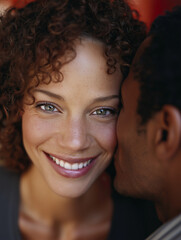 Man whispering to smiling woman in warm light