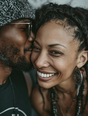 Man whispering to smiling woman outdoors close up