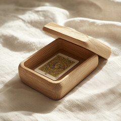 Wooden box with tarot card on linen in warm natural light
