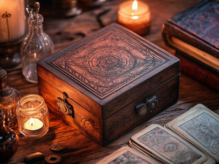 Closed wooden tarot box on moss in mystical forest setting