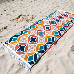 Colorful patterned beach towel with geometric design on sandy tropical shore, summer vibes.