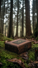 Closed wooden tarot box on moss in mystical forest setting