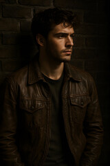 Obraz premium A young adult man in a leather jacket stands against a brick wall, appearing thoughtful and intense in dramatic lighting