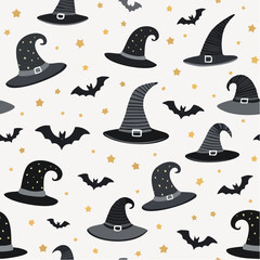 Seamless vector pattern with black witch hat and bat decorated with stars. Halloween background with magic elements. Spooky doodle texture for design and ...