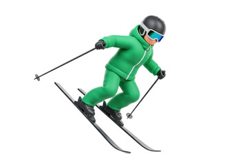 Fototapeta premium Isolated Skier in Green Suit Performing Downhill Run