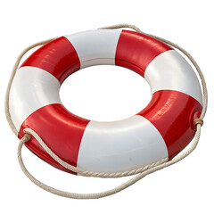 Classic red and white lifebuoy ring with rope, isolated on white for safety and rescue themes.
