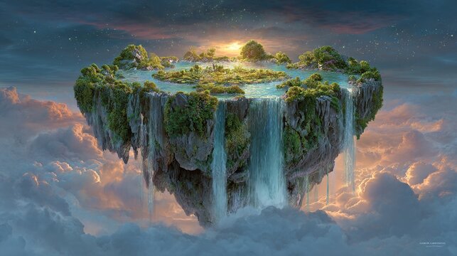 A circular, lush, floating island with waterfalls cascading down its rocky sides, nestled amidst ethereal clouds under a twilight sky, bathed in the golden glow of a setting or rising sun - Powered by Adobe