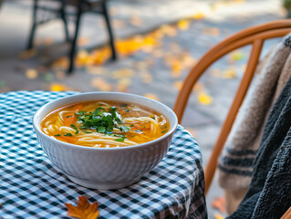 Bowl of Rosół on outdoor café table with autumn leaves