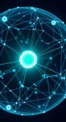 Abstract image of glowing cyan sphere, interconnected nodes forming network, symbolizes connection, technology, innovation, digital world, futuristic concept