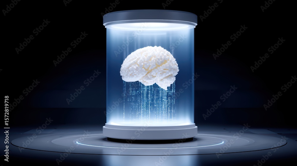 Poster futuristic concept of brain in high-tech display with binary data stream and modern design