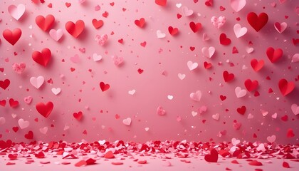 Heart Confetti Falling on Soft Pink Background for Valentine’s Day Greeting Cards