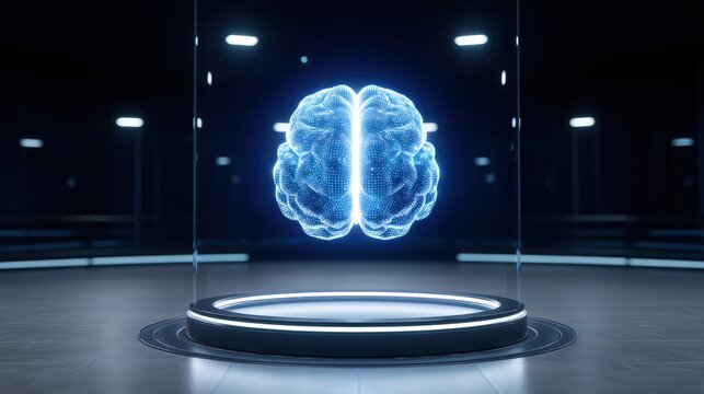 Futuristic 3D Representation of Human Brain with Digital Effects in a High-Tech Laboratory Environment