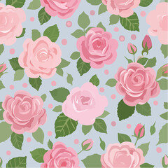 Hand-Illustrated Pink Rose Floral Pattern, Continuous Design, Romantic Botanical Theme, Vintage Texture Ideal for Wallpaper and Textile Applications.