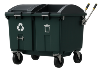 Dual-chamber mobile press container with separate compartments for recyclable and non-recyclable materials at recycling facilities.