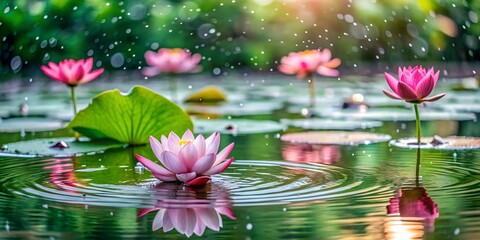 rain falling on lotus pond natural ripples and water