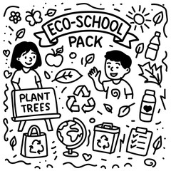 Eco-school doodle vector with kids, recycling symbols, plant trees sign, globe and eco-friendly school items in black and white style