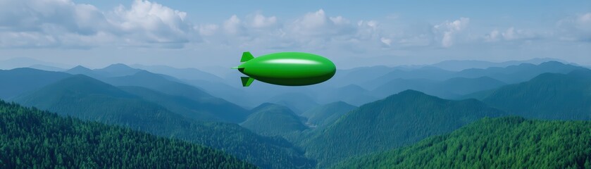 Fototapeta premium Green Blimp Floating Over Serene Mountains Under Blue Sky with Fluffy Clouds