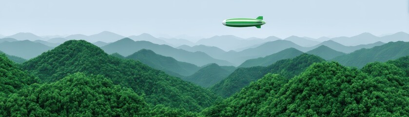 Fototapeta premium Airship Gliding Above Serene Green Mountains Under Clear Sky