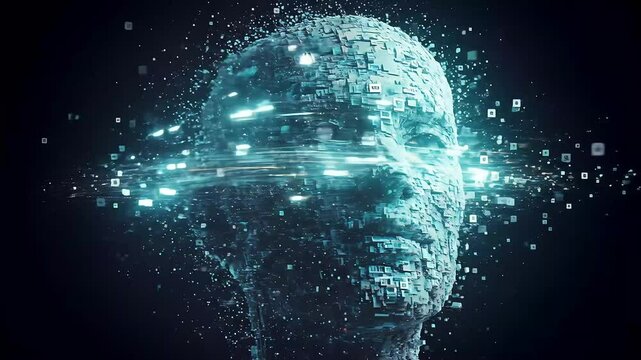 Abstract representation of a digital human head composed of fragmented data and light trails