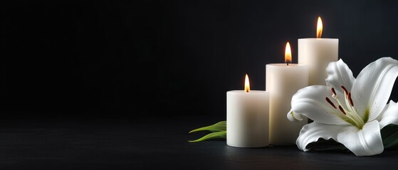 White candles and lily on dark background