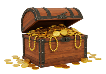 Isolated Treasure Chest Overflowing with Gold Coins and Jewelry