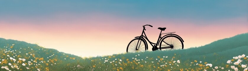 Obraz premium Vintage Bicycle Silhouette on Scenic Meadow with Colorful Flowers Under a Serene Sky at Dusk